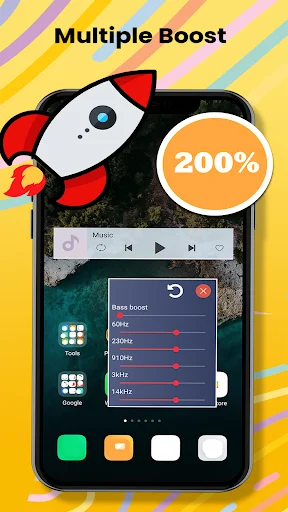 Multiple Boost feature showing 200% volume increase with rocket icon and bass boost frequency controls on mobile interface