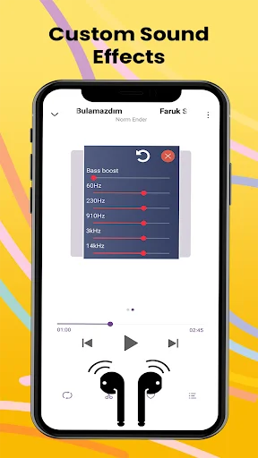 Custom Sound Effects screen in Volume Booster app with bass boost equalizer and earphone icon for audio customization