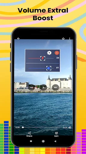 Volume Extra Boost overlay feature displayed on video player with boost controls and waterfront background footage