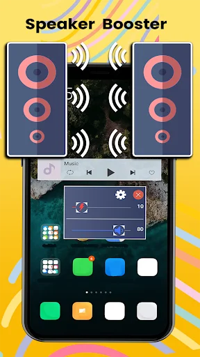 Speaker Booster mode with large speaker icons and sound wave graphics showing volume amplification controls on mobile