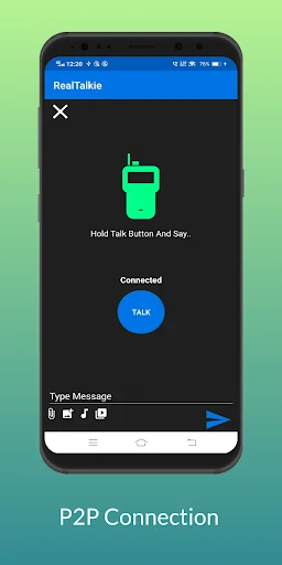 Connected walkie talkie interface with Hold to Talk button and text messaging feature