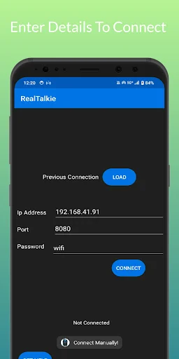 Connection form screen with IP address, port and password fields for offline P2P talk
