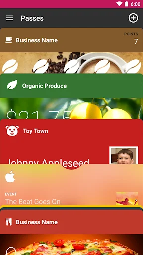 WalletPasses app main screen showing digital wallet passes for Business, Organic Produce, Toy Town and events