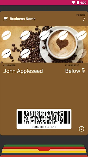 Coffee shop loyalty card in WalletPasses showing customer John Appleseed with 7 points and barcode