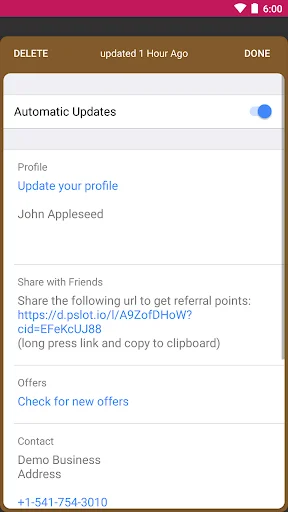 WalletPasses settings screen with automatic updates, profile sharing, referral links and contact options