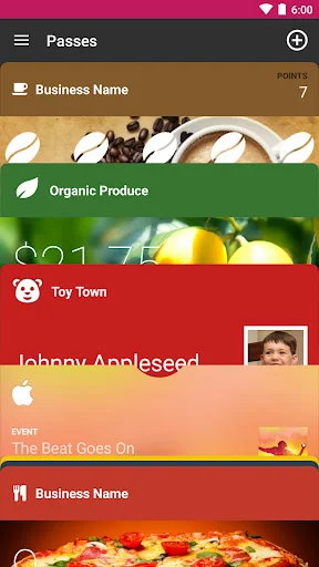WalletPasses passbook wallet main interface displaying multiple business cards and loyalty passes organized