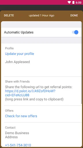 Account management screen in WalletPasses with profile updates, sharing options and automatic sync settings