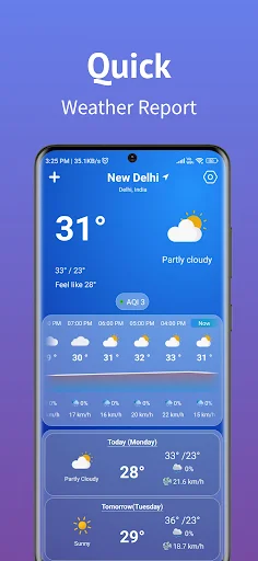 Weather app displaying 31°C in Delhi with hourly forecast, daily weather conditions, and partly cloudy status