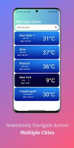 Multiple cities weather interface showing temperatures for New Delhi, Bihar, Bhaunchi, New York with location search
