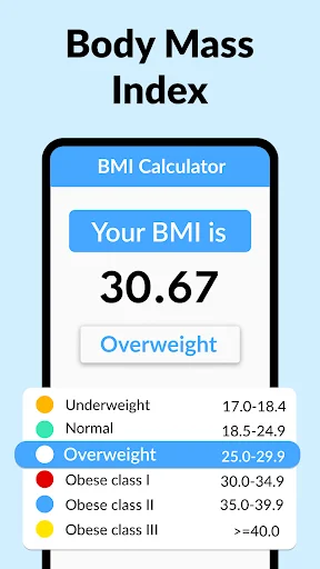BMI Calculator result screen showing 30.67 BMI with Overweight classification and reference chart displaying weight categories