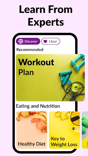Learn From Experts section featuring Workout Plan, Eating and Nutrition, Healthy Diet, and Weight Loss expert guidance content