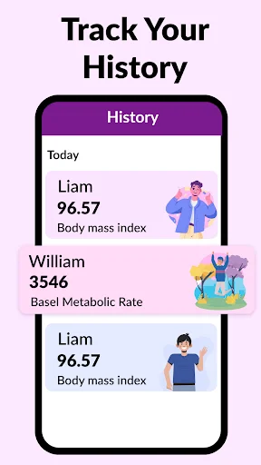 Track Your History feature displaying past BMI and Basal Metabolic Rate calculations with user entries and metric values