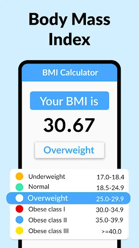 BMI Calculator displaying 30.67 result with Overweight status and BMI categories chart for weight tracking health monitoring