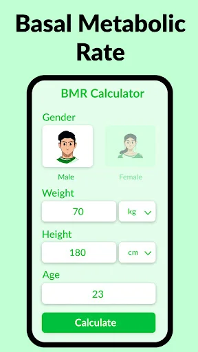 BMR Calculator with gender selection, weight and height input fields, and age for basal metabolic rate calculation