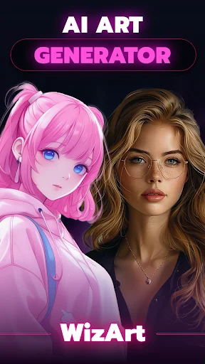 WizArt AI Art Generator app home screen showing anime character and realistic portrait examples with purple gradient design