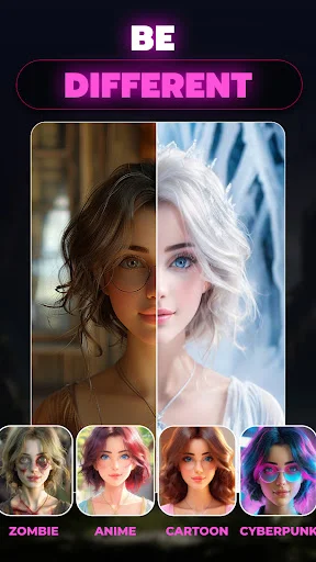 Style transformation preview showing realistic to fantasy conversion with zombie, anime, cartoon, cyberpunk filter choices