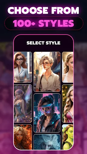 Art style library featuring 100+ options with thumbnail previews including portraits, fantasy, and character designs