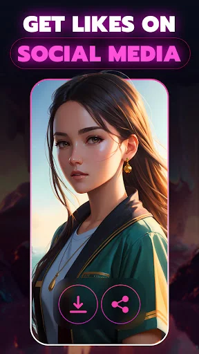 Social media sharing feature with AI portrait and download/share options for posting generated artwork online