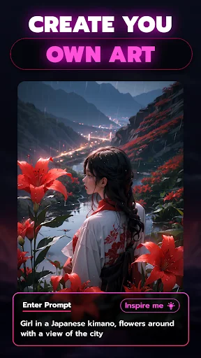Create Your Own Art feature in WizArt showing Japanese kimono girl with flowers prompt and Inspire Me button for AI art generation