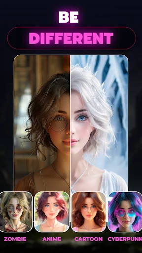 Be Different transformation showing split-screen before/after with zombie, anime, cartoon, cyberpunk style options available