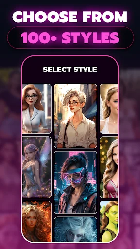 Choose from 100+ Styles selection screen showing diverse AI art style thumbnails including portraits and fantasy characters