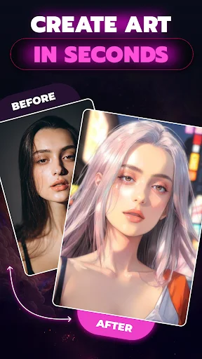 Create Art in Seconds before/after comparison showing quick AI transformation from regular photo to stylized portrait
