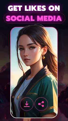 Get Likes on Social Media feature showing realistic AI-generated portrait with download and share buttons for posting