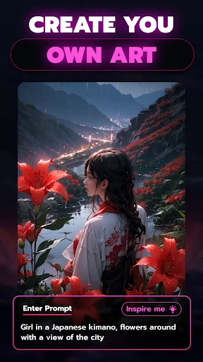 AI art creation interface showing Japanese scene with kimono girl prompt and inspiration tool for generating custom artwork