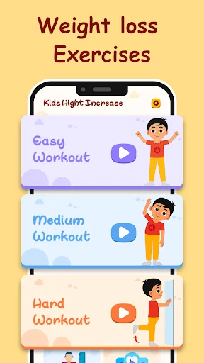 Workout For Kids Weight Loss app main menu showing Easy, Medium, and Hard workout levels with cartoon children exercising