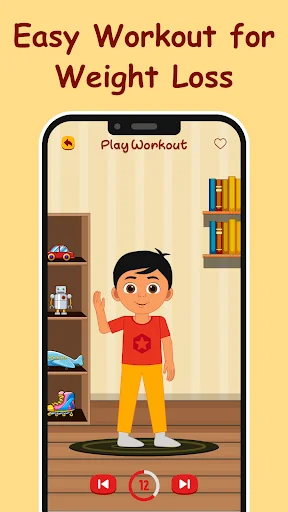 Easy workout screen in kids fitness app with animated child character doing exercises in home environment with play controls