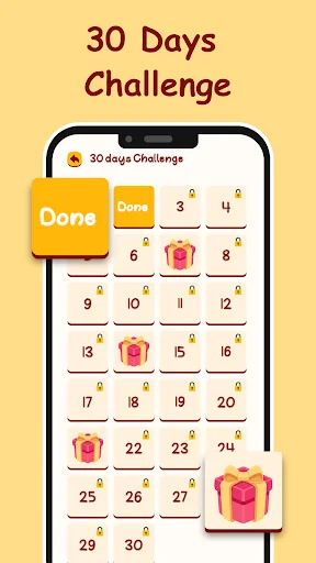 30 Days Challenge calendar view in kids weight loss app showing workout progress tracking with completed days and gift rewards