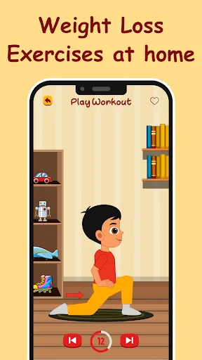 Home workout exercise screen showing child doing lunges with playback controls for kids fitness weight loss routine