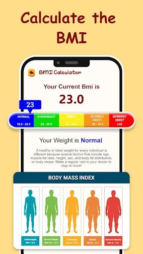 BMI calculator feature in kids weight loss app displaying healthy weight status with colorful body mass index chart
