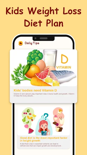 Kids diet plan screen showing vitamin D foods and nutrition tips for healthy weight loss with colorful food illustrations