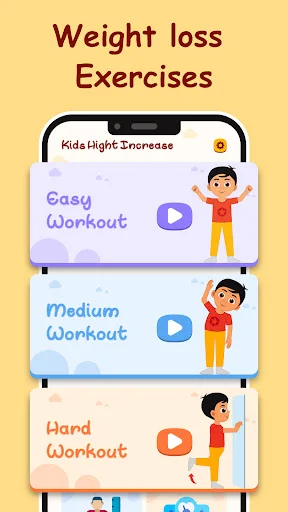 Weight loss exercise difficulty levels: Easy, Medium, Hard with video play buttons for kids