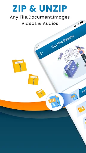 Zip File Reader promotional interface showing zip and unzip capabilities for documents, images, videos and audios with folder icons