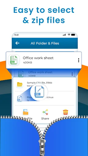 File browser interface showing All Folder and Files with easy selection option to zip various documents and media files