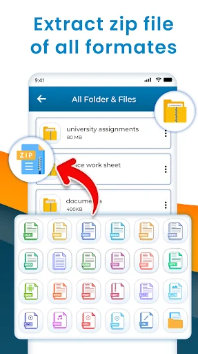 Extraction interface displaying all supported file formats including zip, RAR, Excel, Word, PDF and office documents supported