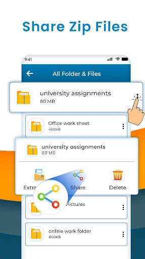 File management screen showing zip file options with Extract, Share and Delete buttons for comprehensive file handling